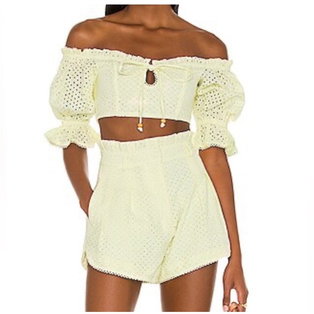 MAJORELLE Thalia Lemon Cream Yellow Eyelet Top Shorts Set Medium